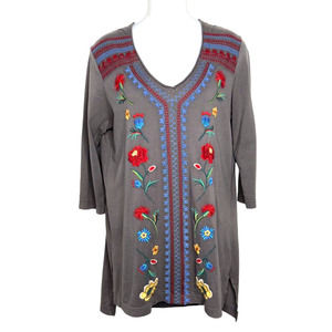 JW Los Angeles Johnny Was Embroidered Tunic Top Gray V-neck ~ S‎
